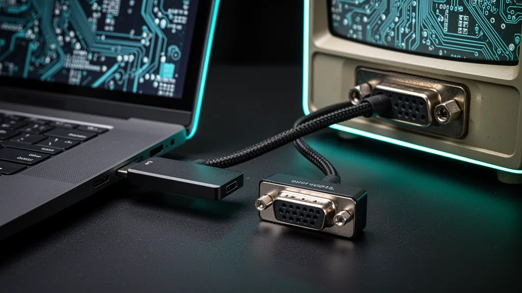 Gros plan sur un adaptateur HDMI vers VGA posé à côté d'un câble HDMI et d'un câble VGA
