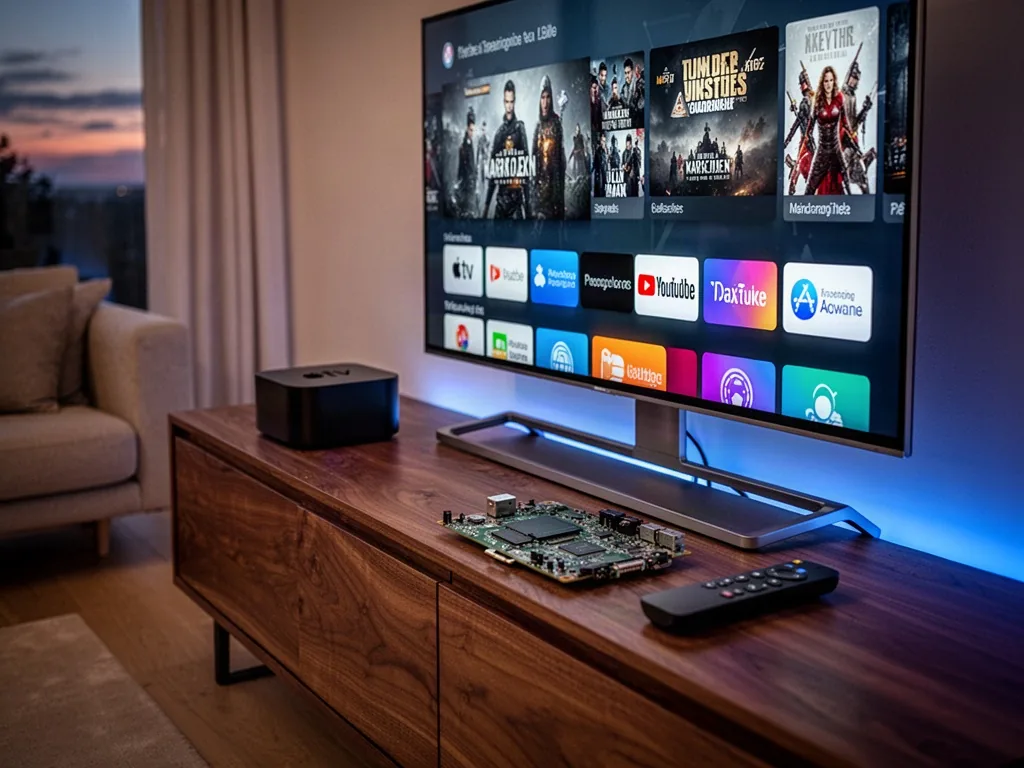 An Apple TV box beside a modern television showing app tiles, open circuit board and remote on a walnut console, living