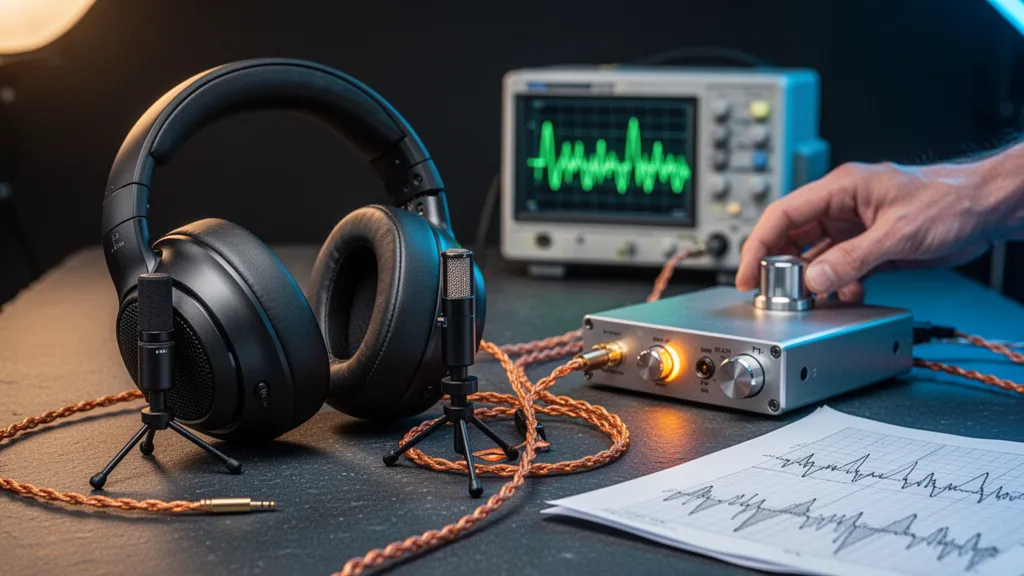 Casque audio posé sur un bureau à côté d'une interface audio et d'un clavier