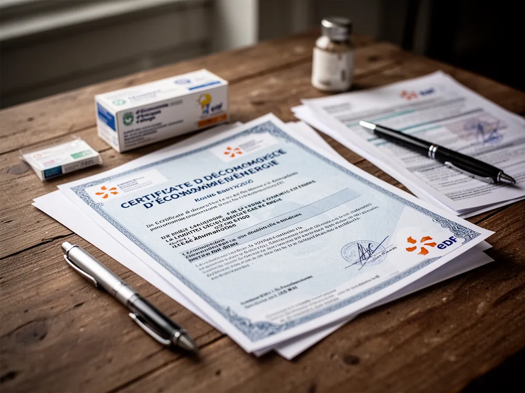 Facture EDF détaillée avec mise en évidence de la ligne Certificats d'Économie d'Énergie et logo EDF en arrière-plan
