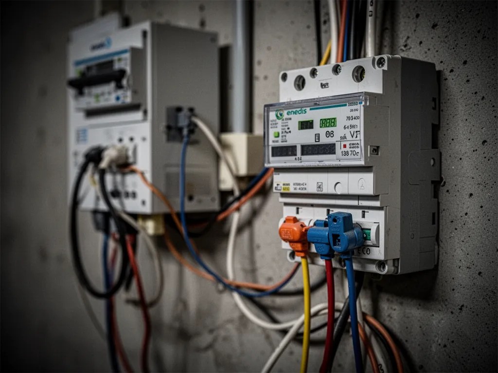 Compteur électrique Linky fixé au mur, affichage éteint ou clignotant suite à une coupure de courant