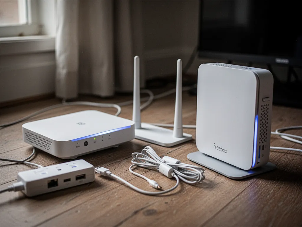 Une box internet blanche posée près d'un routeur et d'un ordinateur relié en Ethernet