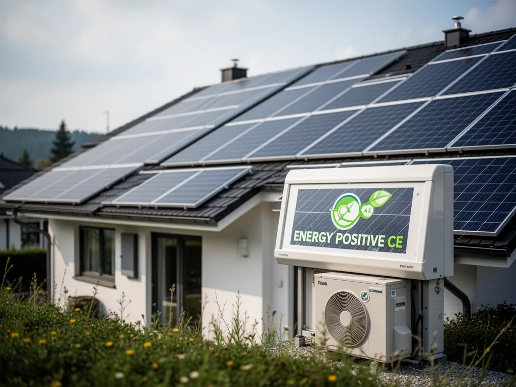 Vue d'une maison contemporaine avec panneaux solaires sur le toit et une interface de gestion énergétique affichée sur une tablette