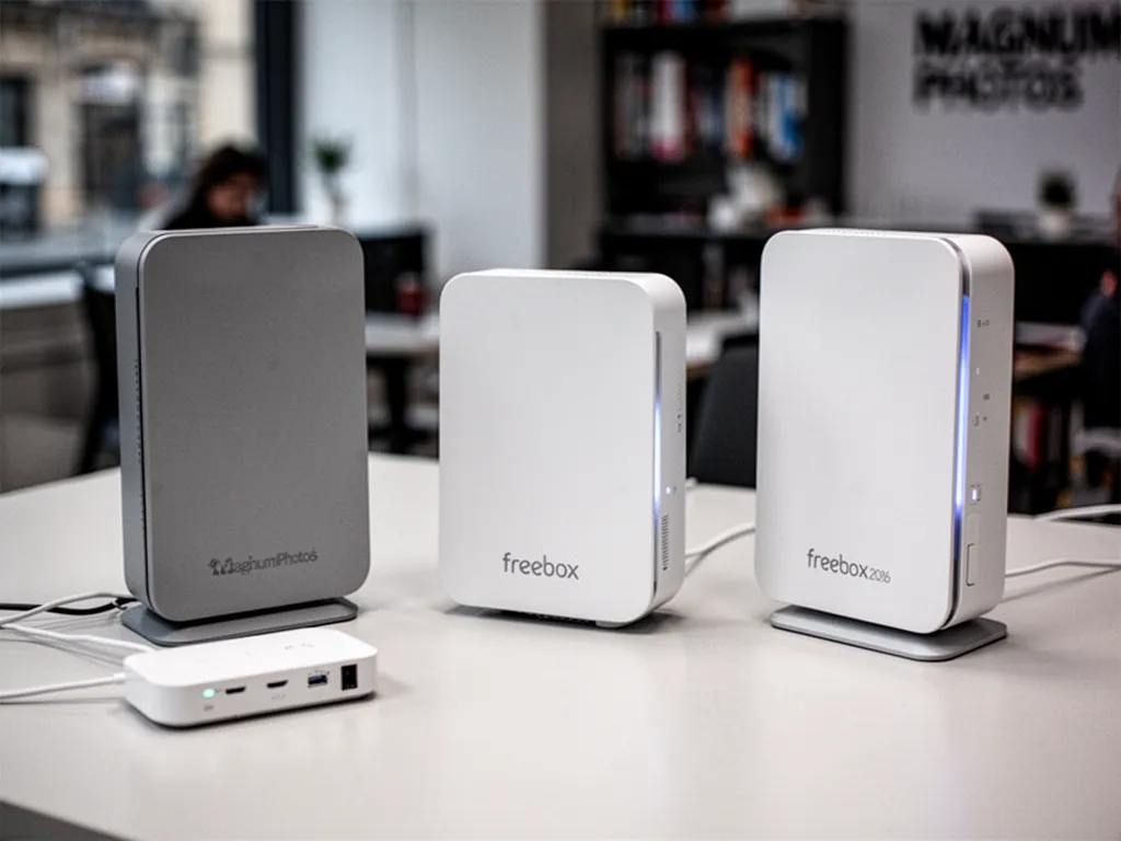 Plusieurs boîtiers Freebox alignés sur une surface claire avec un routeur et un player TV