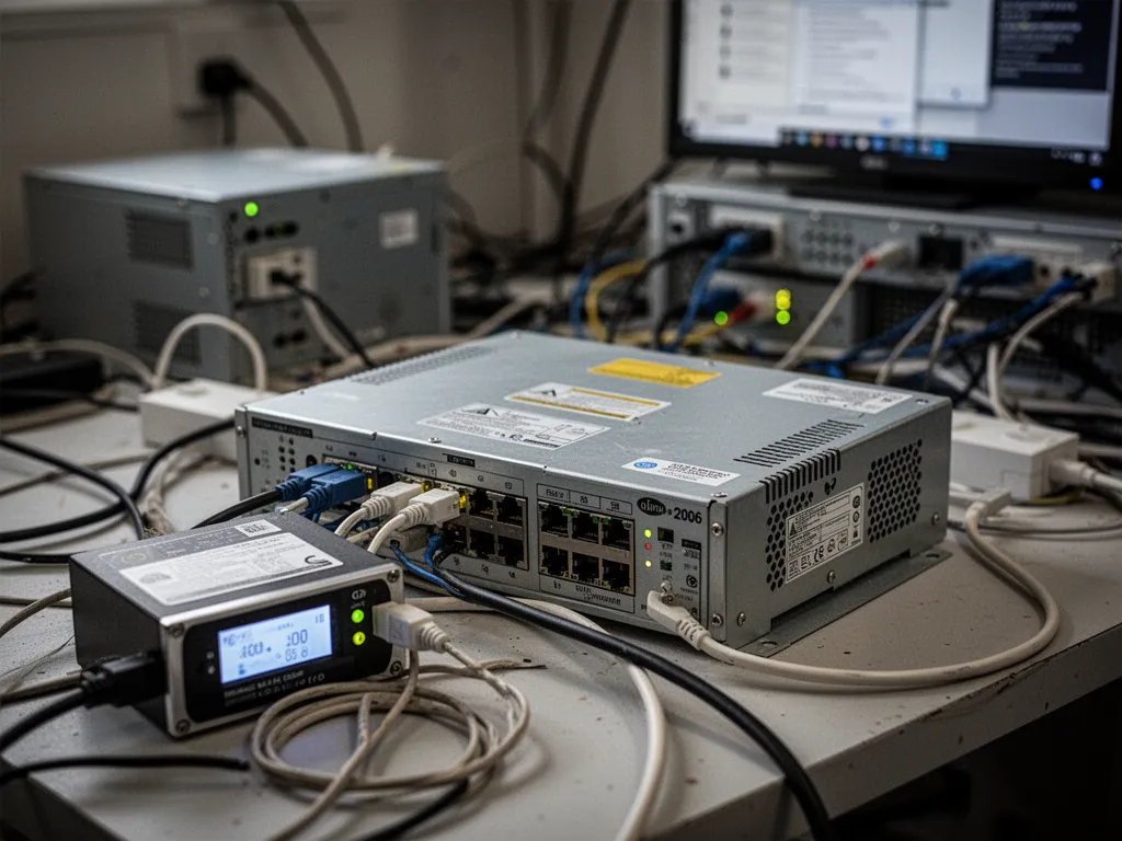 Une box internet, un routeur et un petit onduleur posés sur un bureau près d’un écran