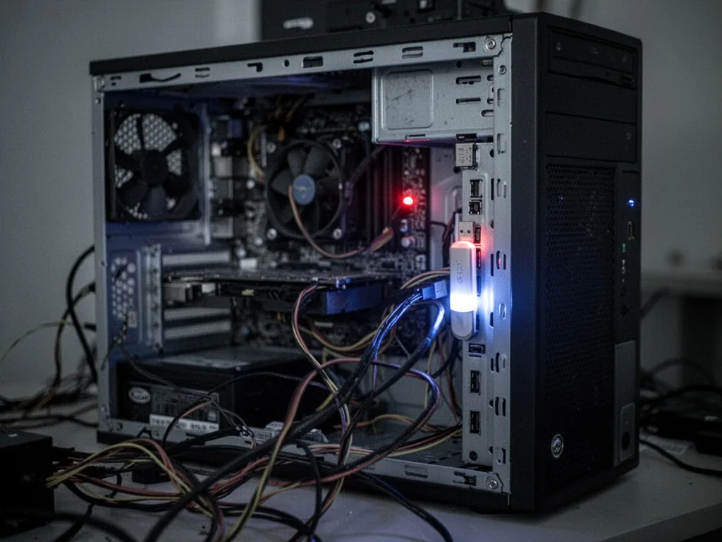 A desktop computer tower with side panel removed, a glowing USB stick in the front port, tangled cables, dim blue light 