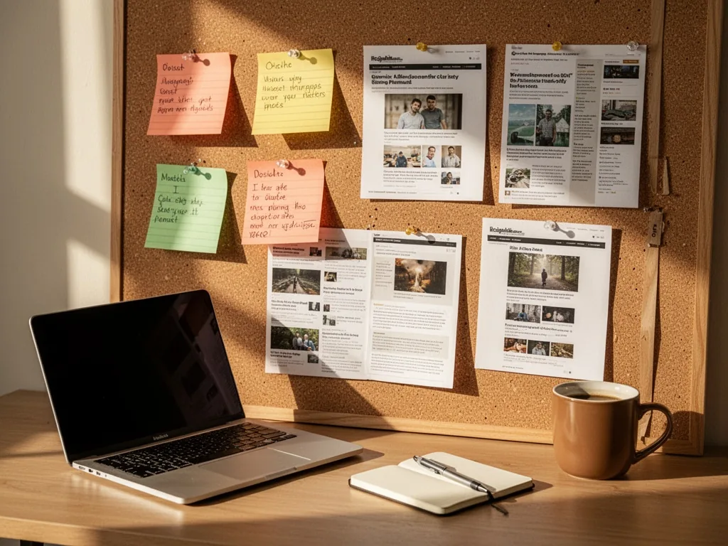 A corkboard covered with pinned index cards and printed web clippings, a laptop open beside a coffee mug, a small notebo