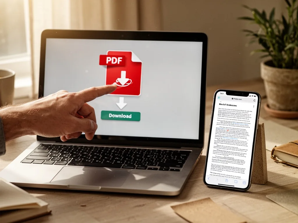 A hand pressing a download button on a laptop screen, a PDF file icon visible on the monitor, a smartphone beside showin