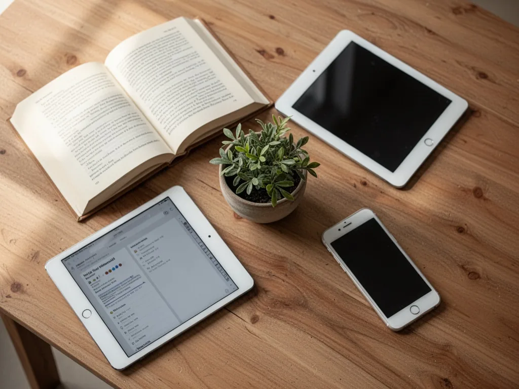 An open book, a tablet, and a smartphone arranged in a circle around a small potted plant on a wooden table, top-down vi